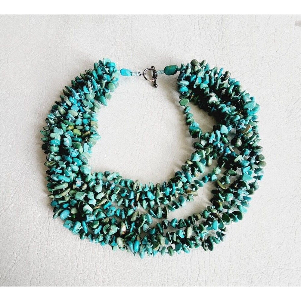 Vintage 925 Sterling Genuine TURQUOISE Chip 8 Strand Necklace Toggle Clasp - Picture 2 of 9